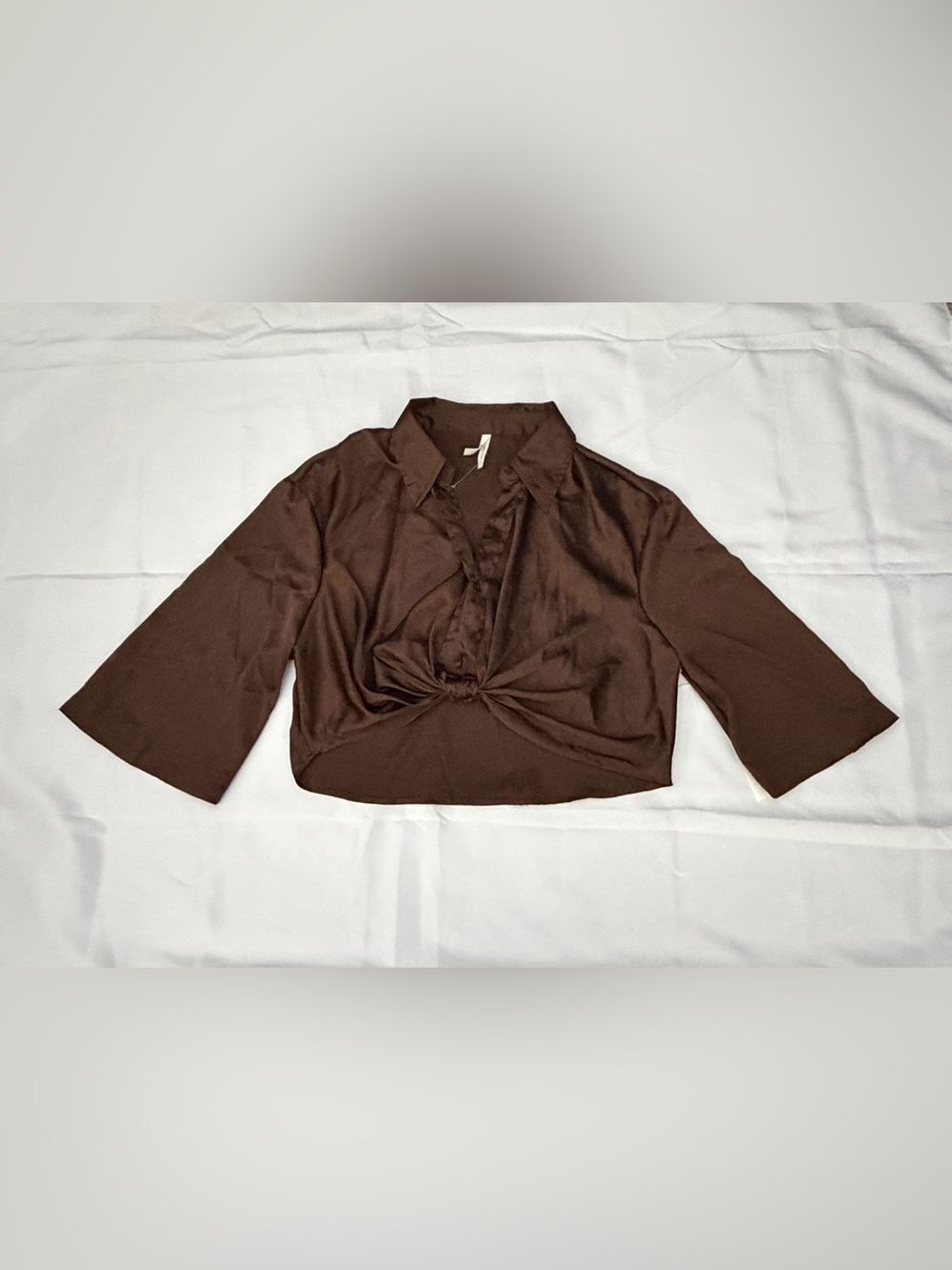 Women's Brown Twist-Front Satin Blouse